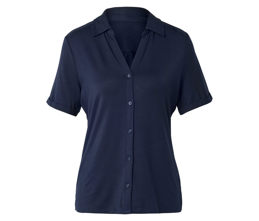 Dunkelblaues, kurzärmeliges Hemd mit Knöpfen.