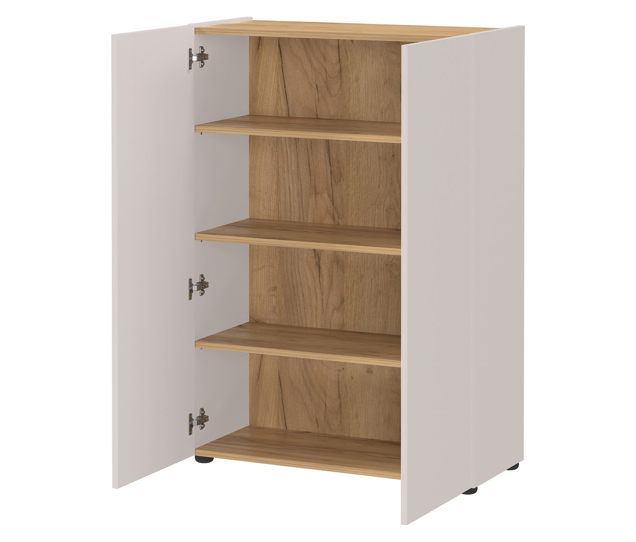 Weißer Schrank mit zwei offenen Türen und drei Regalböden.