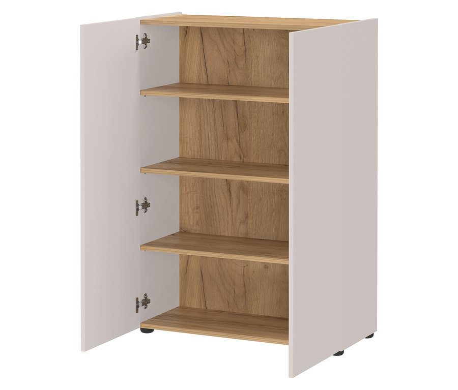 Weißer Schrank mit zwei offenen Türen und drei Regalböden.