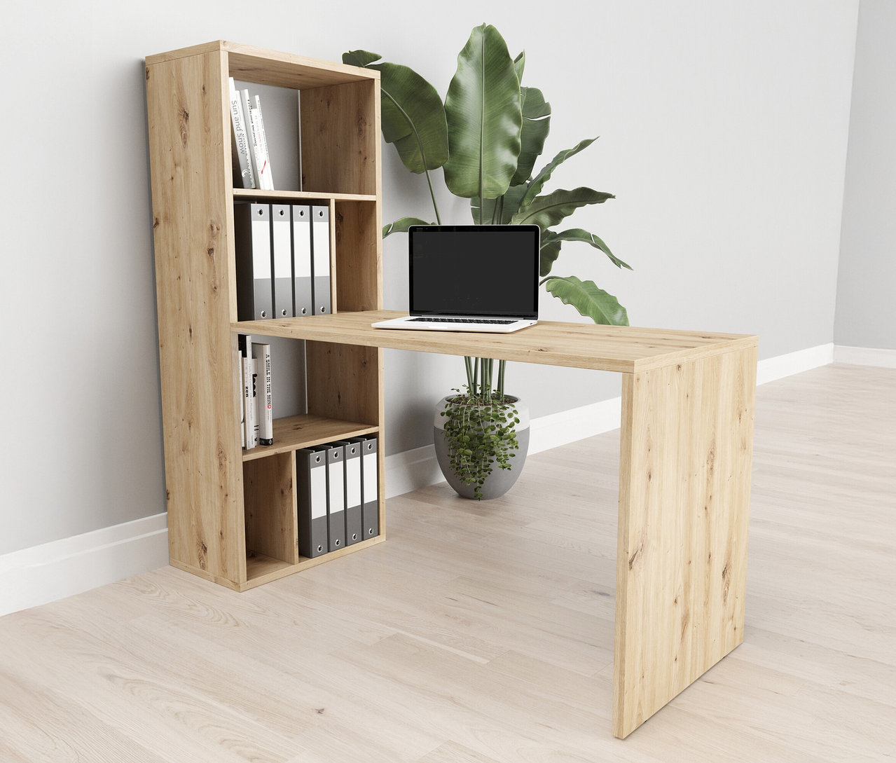 Roba Set, Regal mit Schreibtisch in Artisan-Eichenoptik mit Laptop, Büchern und Ordnern vor Zimmerpflanzen.