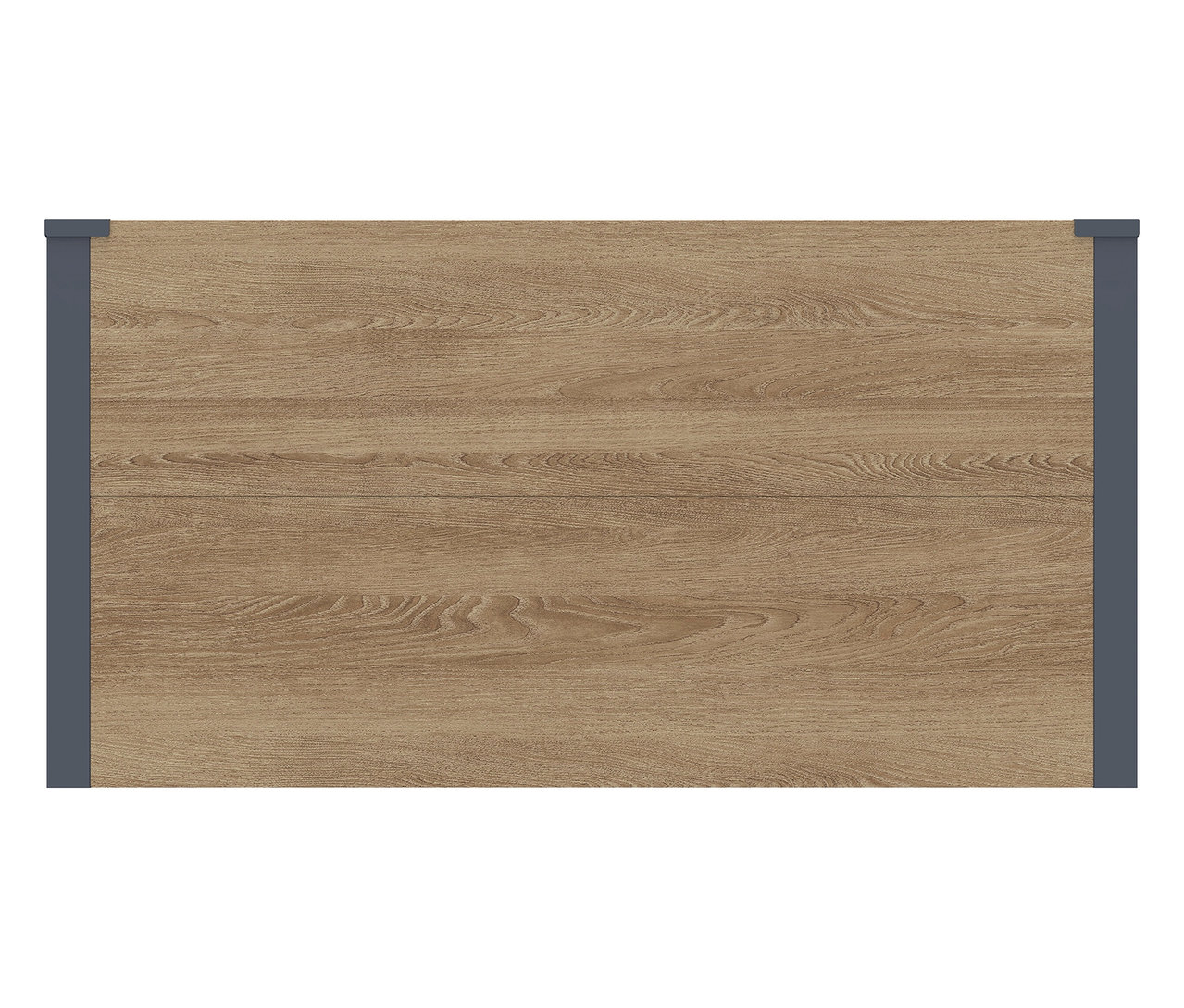 Draufsicht auf einen rechteckigen, holzfarbenen Pflanzkasten mit Einlegeboden und grauen Kanten. Der Kasten ist ca. 52cm hoch.