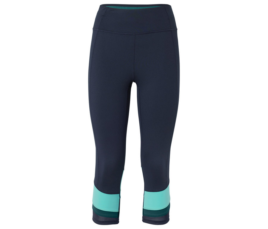 Eine marineblaue, dreiviertellange Leggings mit türkisfarbenem Block am Beinende.