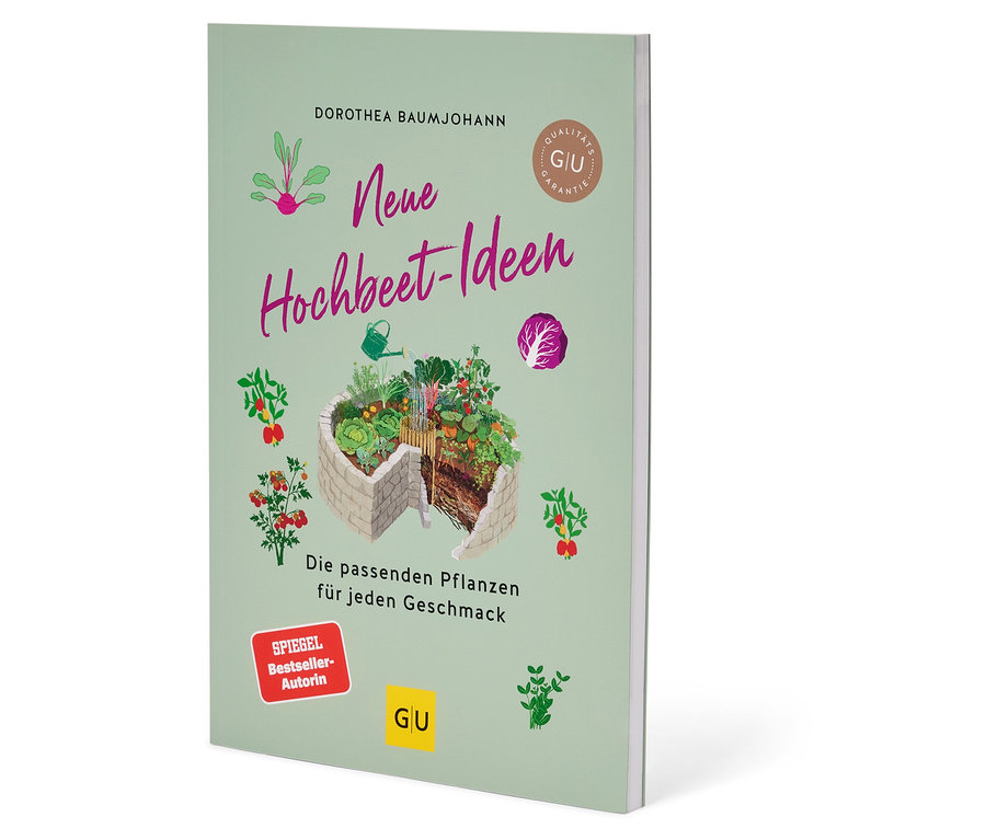 Das Buch "Neue Hochbeet-Ideen" von Dorothea Baumjohann mit einem Foto von einem Hochbeet auf dem Cover liegt auf einem Tisch.