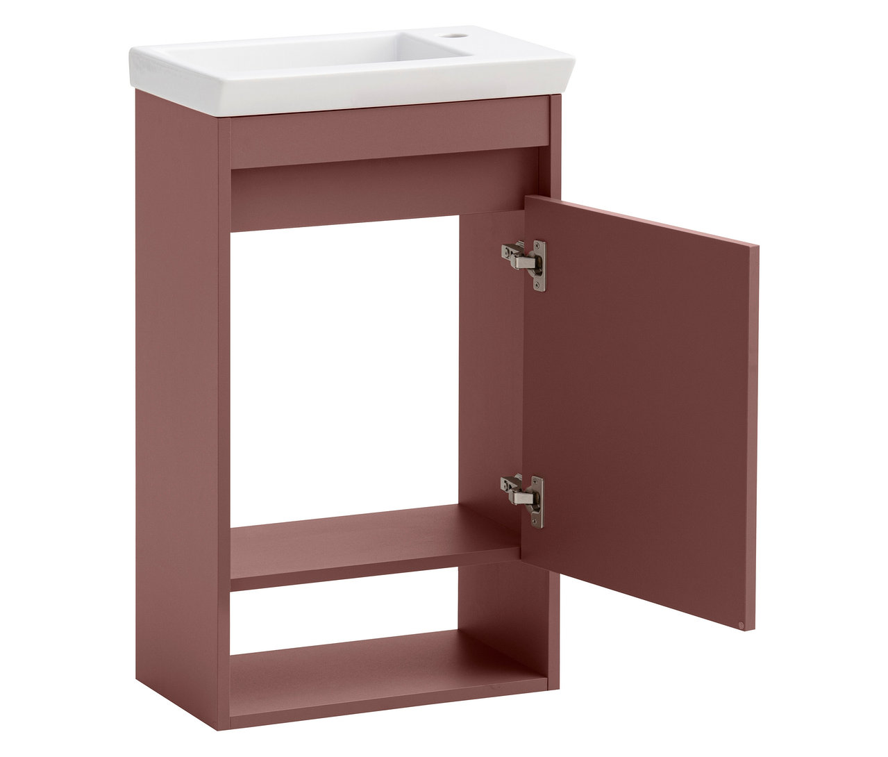 Ein Waschbeckenunterschrank in Rosa mit einer offenen Tür und zwei Regalen.