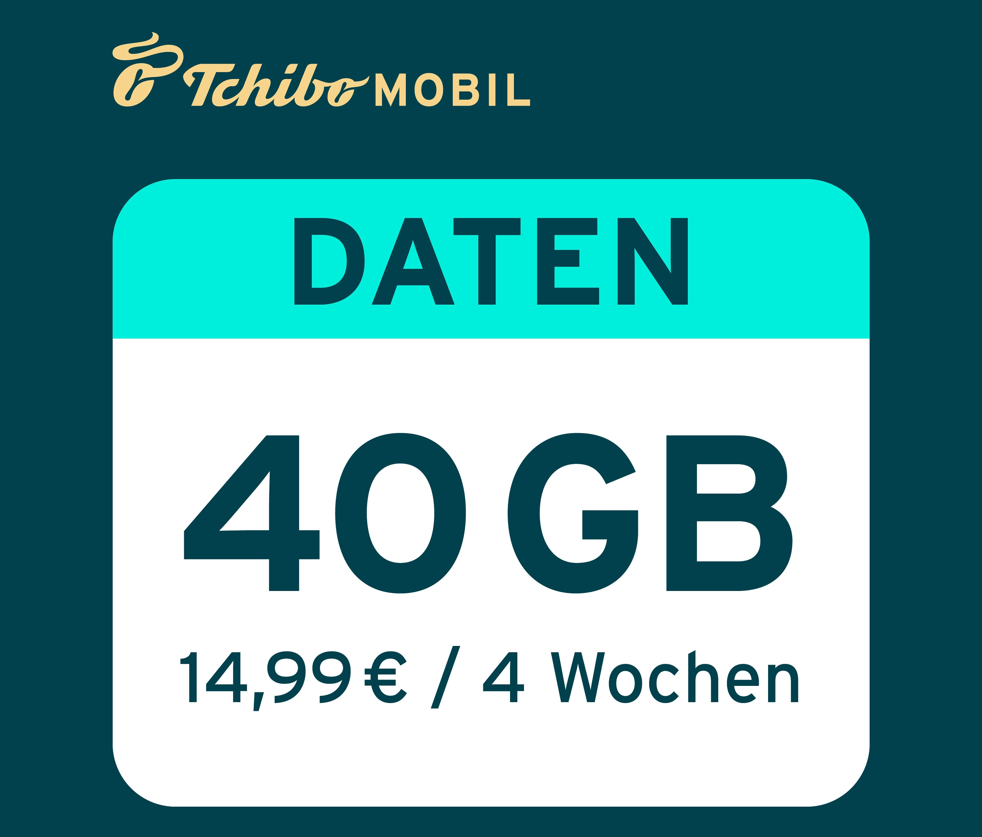 Tchibo Mobil Werbung für eine Datenoption mit 40 GB für 14,99 € / 4 Wochen.