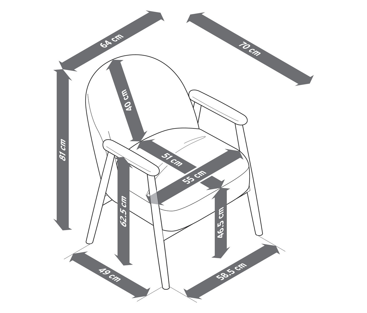 Maße eines Sessels mit Armlehnen und Holzgestell.