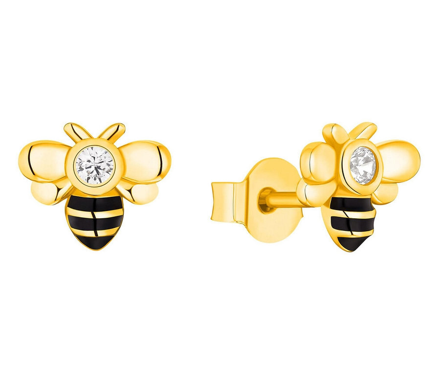 Zwei goldene Ohrstecker in Form einer Biene mit einem weißen Stein.
