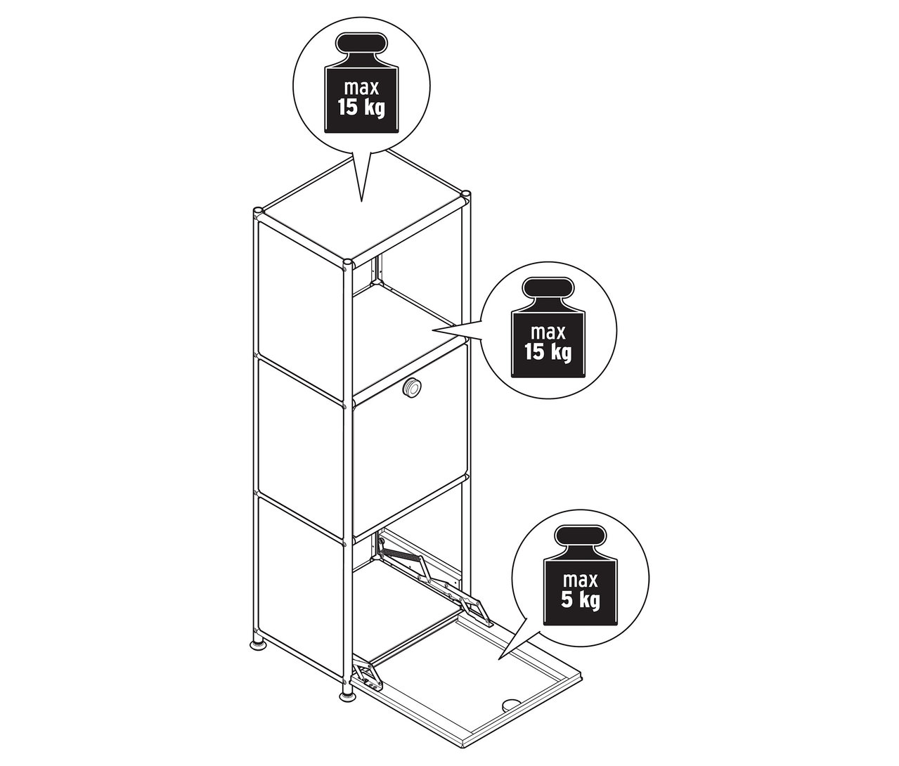 Draufsicht einer Kommode »Metall CN3 Slim Line« mit zwei Klappenfächern, eines davon geöffnet. Zulässiges Maximalgewicht von 15 kg für die oberen Fächer und 5 kg für das untere Fach.