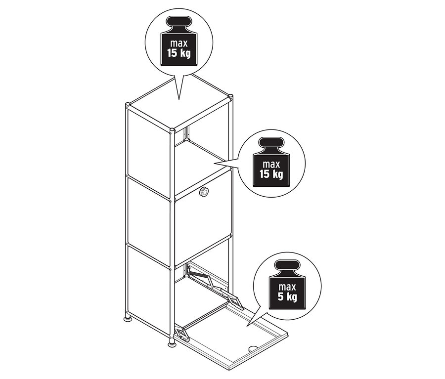 Draufsicht einer Kommode »Metall CN3 Slim Line« mit zwei Klappenfächern, eines davon geöffnet. Zulässiges Maximalgewicht von 15 kg für die oberen Fächer und 5 kg für das untere Fach.