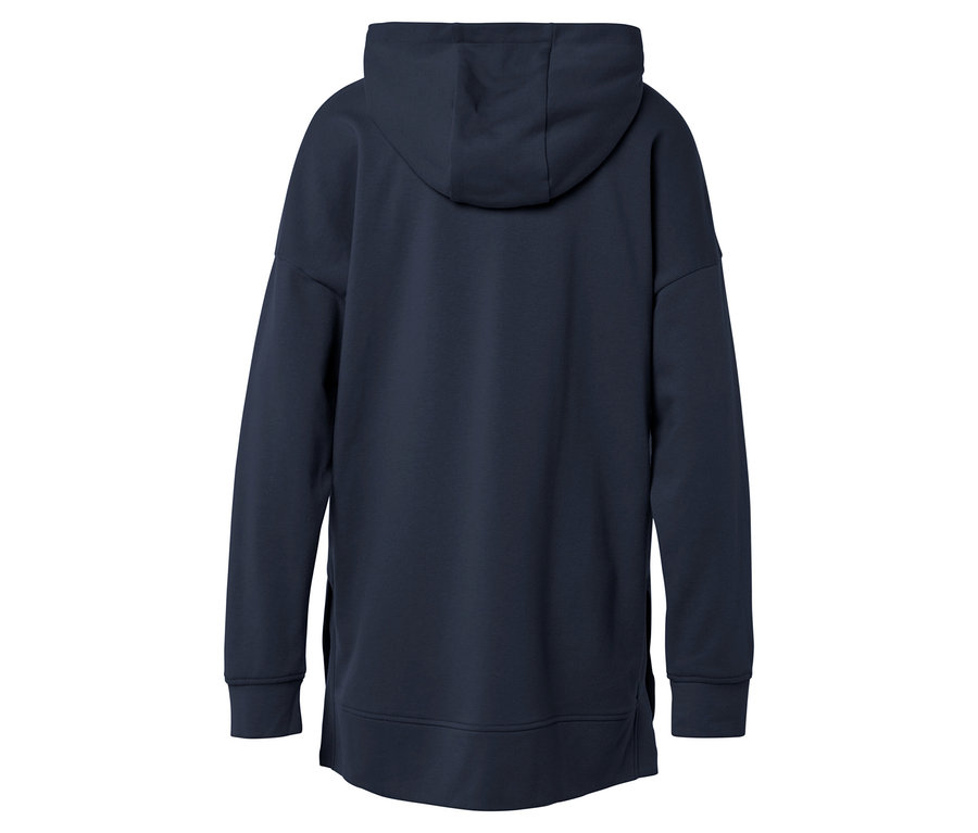 Rückansicht eines marineblauen Kapuzenpullovers mit langen Ärmeln und geradem Saum.