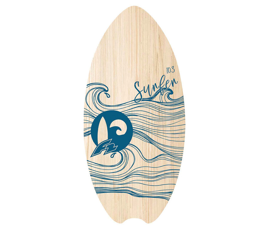 Das F2 Skim Board »Wood Surfer«, 103 cm, ist aus Holz und mit blauen Wellenlinien und Schriftzug versehen.