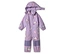 Lila Kinder-Overall mit Kapuze und Einhorn-Muster liegt auf weißem Grund.
