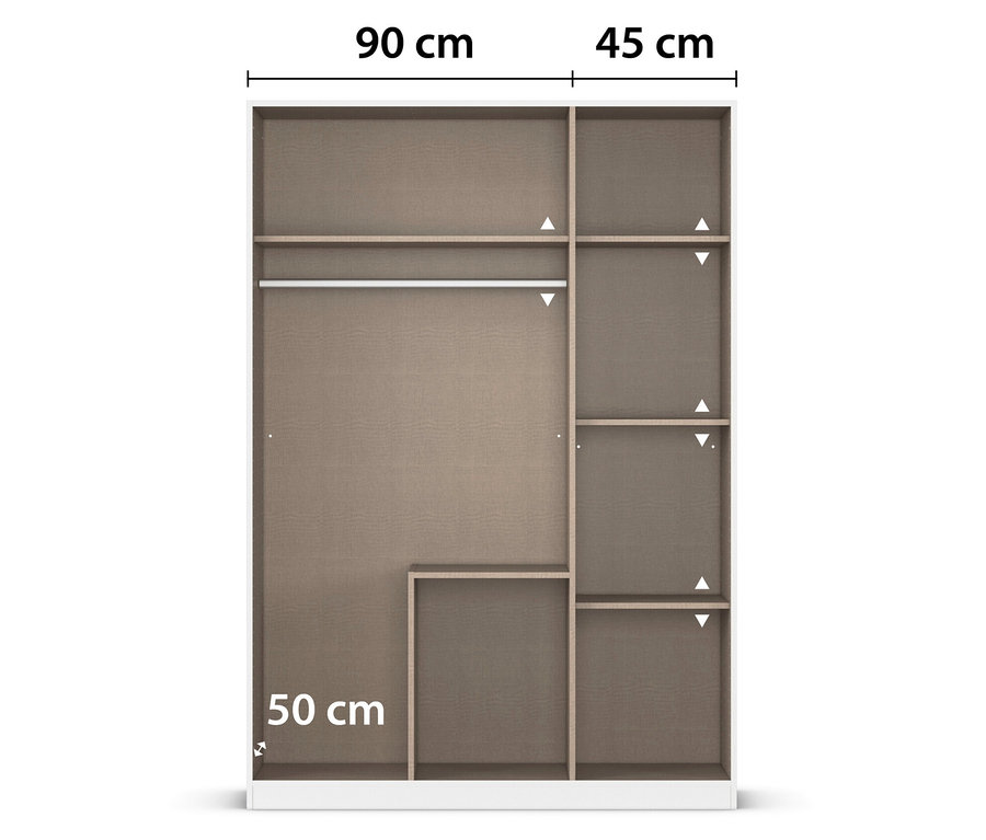 Innenansicht eines offenen rauch Drehtürenschranks »Butte« mit 3 Türen. Linke Seite mit Kleiderstange, rechte Seite mit Regalböden.