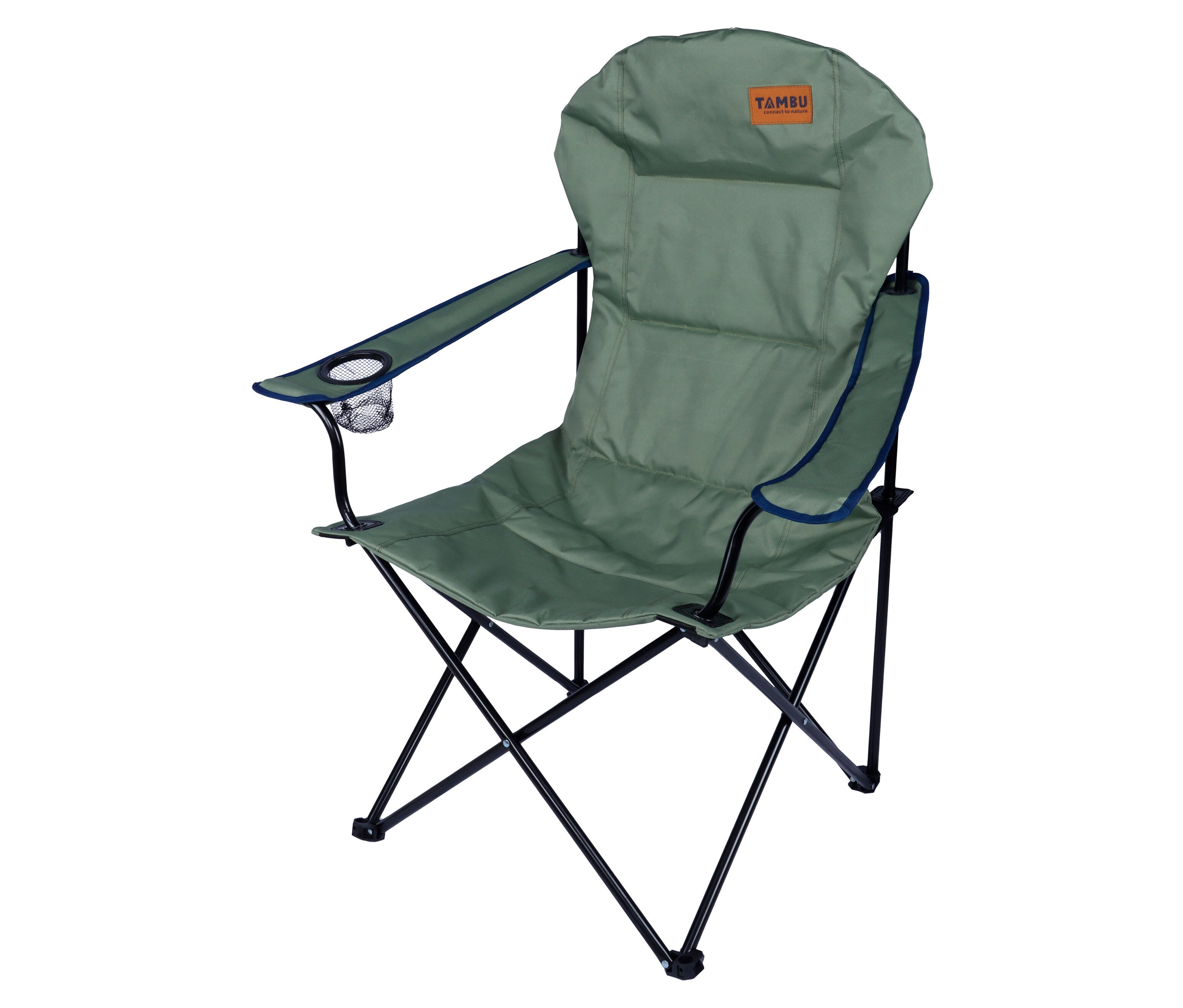 Der grüne Tambu »BENGALA« Camping-Faltstuhl steht auf weißem Grund.