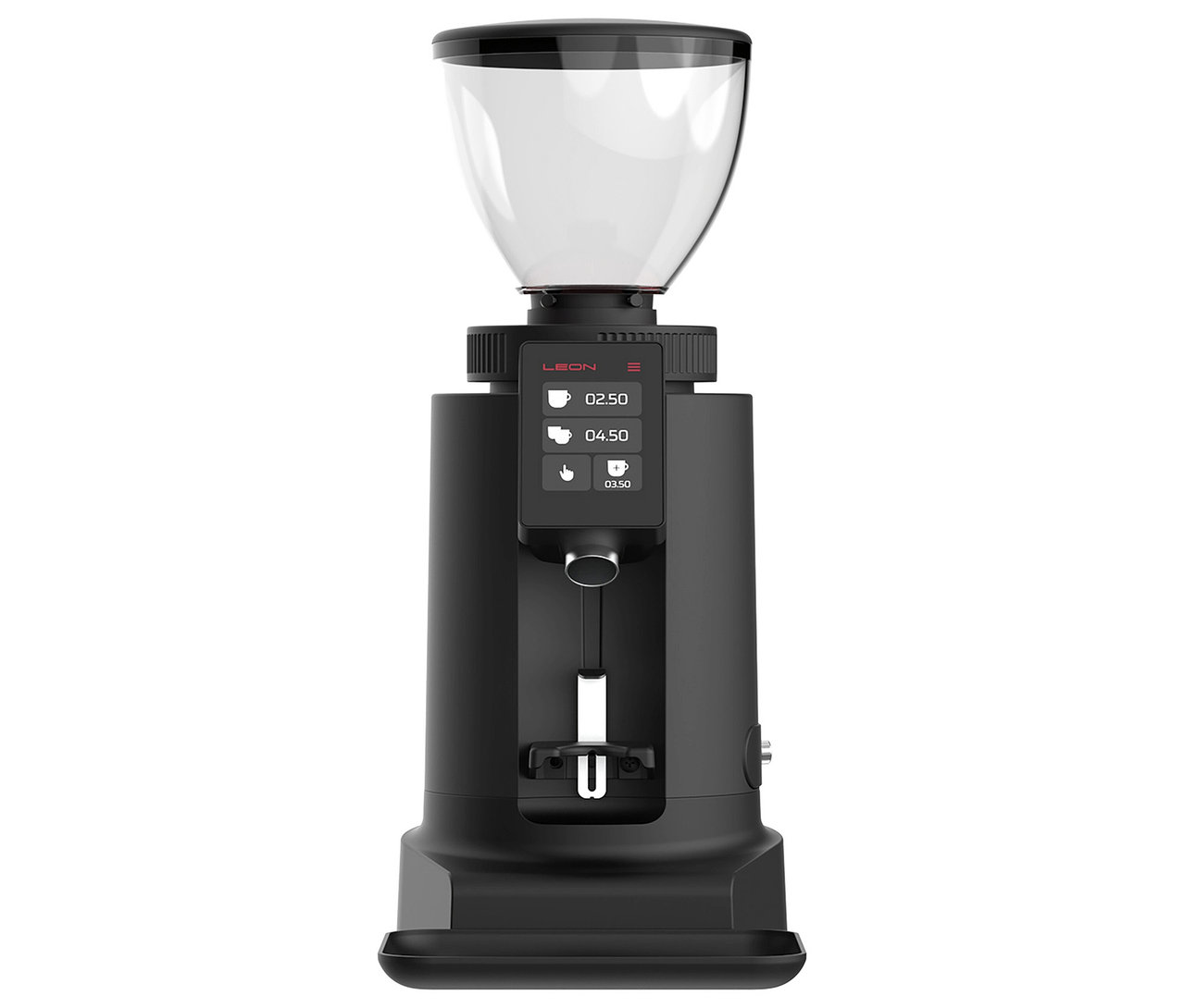 Schwarze Kaffeemühle mit digitalem Display und transparentem Trichter.