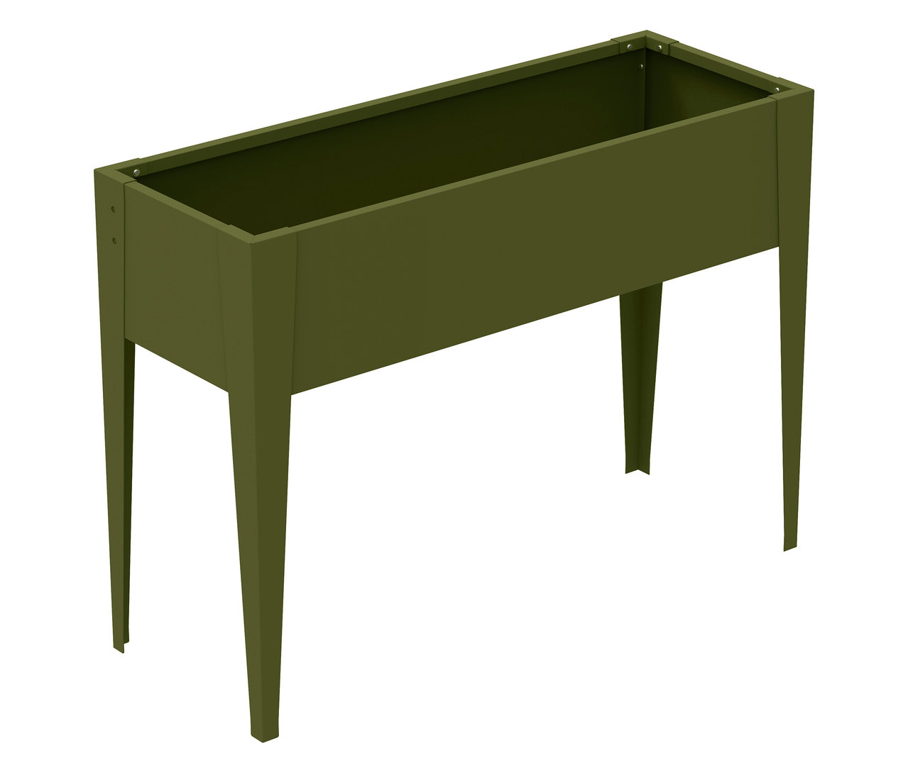 Ein grüner Pflanzkasten mit Füßen steht auf einem weißen Hintergrund.