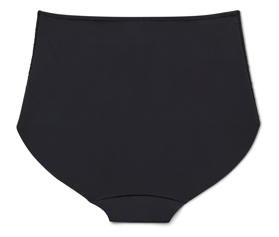 Schwarze, hoch taillierte Bikinihose liegt auf einem weißen Hintergrund.
