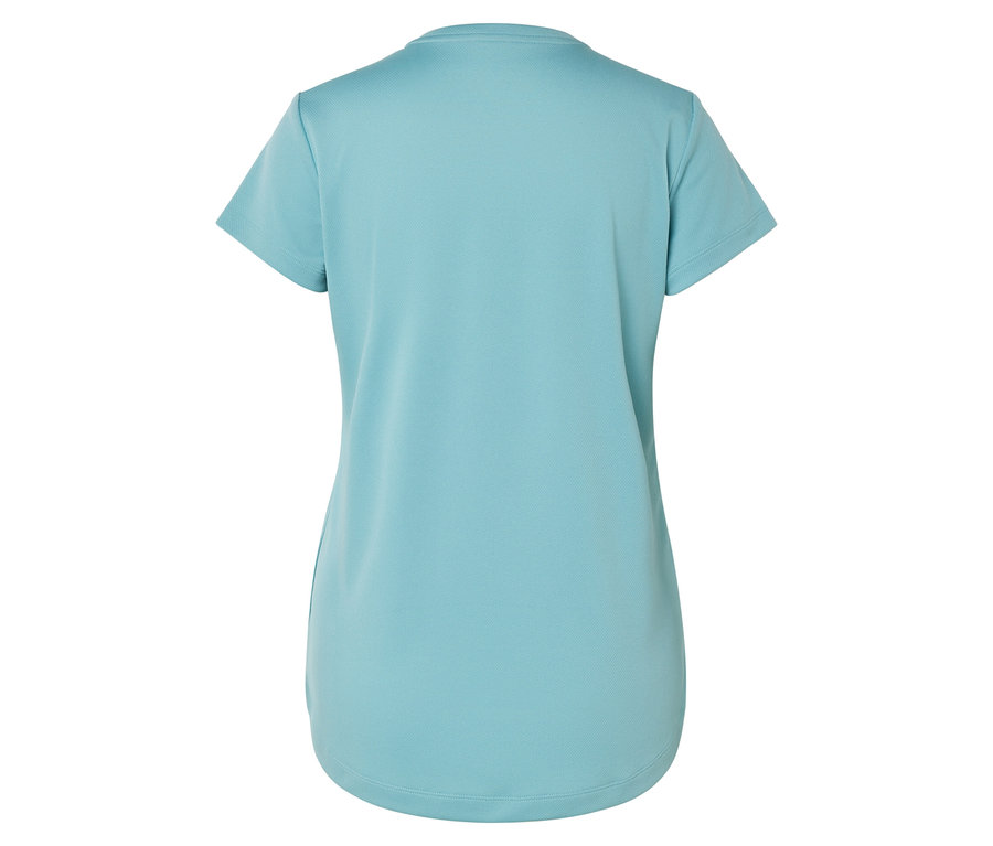 Rückansicht eines hellblauen, kurzärmeligen T-Shirts.