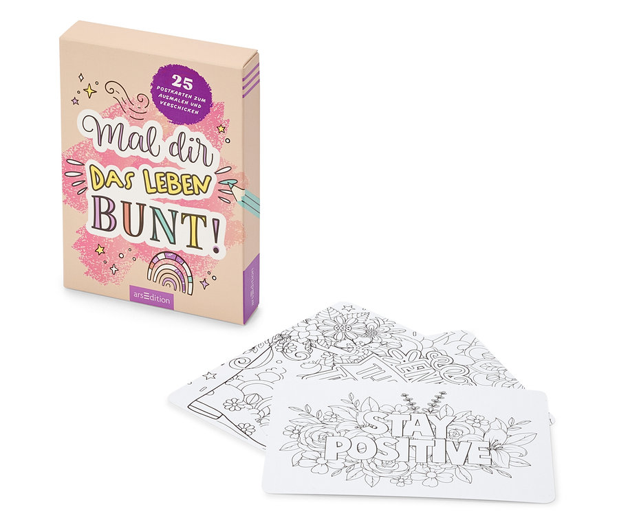 Eine Schachtel mit 25 Postkarten zum Ausmalen liegt neben drei einzelnen Postkarten mit Blumen- und Spruchmotiven.