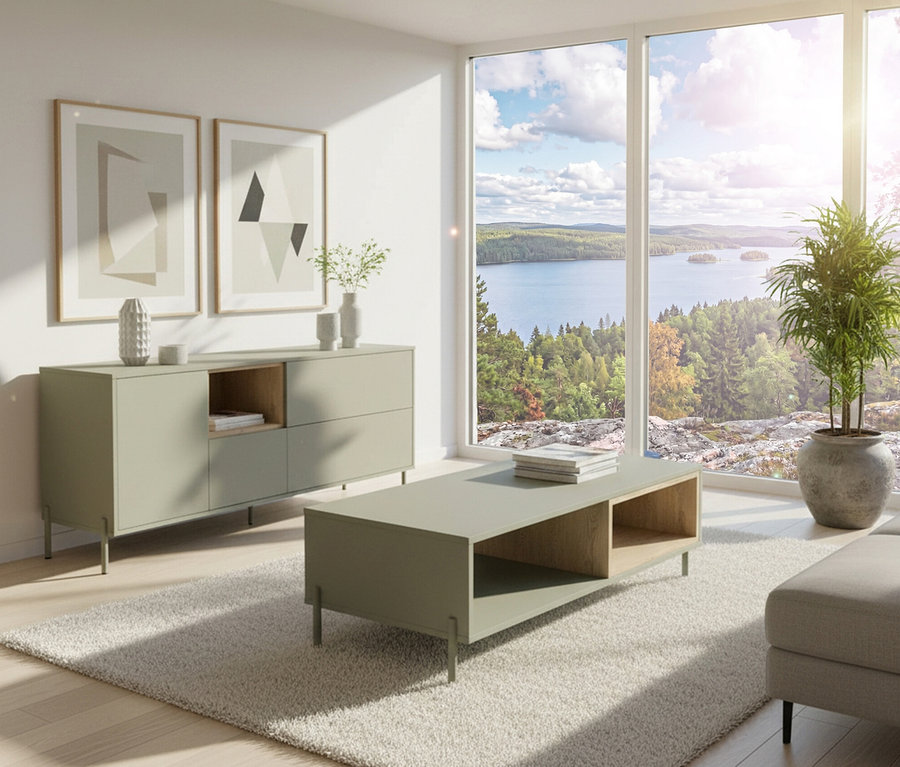 Wohnzimmer mit salbeigrünem »Hygge« Couchtisch und »Hygge« Sideboard mit 1 Tür. Dekoration und Zimmerpflanze auf dem Sideboard.