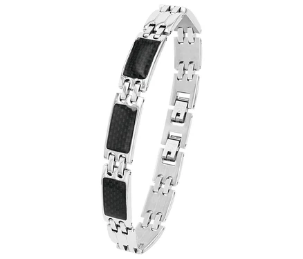 Silbernes Armband mit schwarzen, rechteckigen Akzenten auf weißem Hintergrund.