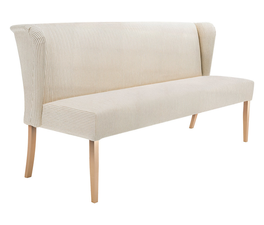 Gestreifte Bank mit Rückenlehne und hellen Holzbeinen.