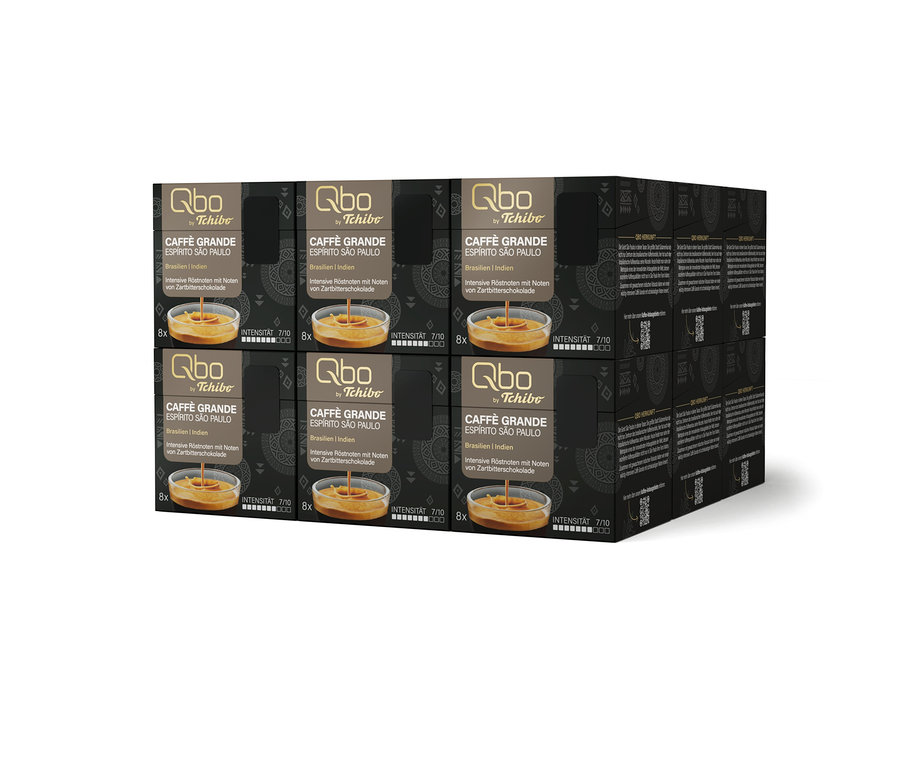 Stapel Qbo Caffè Grande Espírito São Paulo Kapseln mit Noten von Zartbitterschokolade, Intensität 7/10.