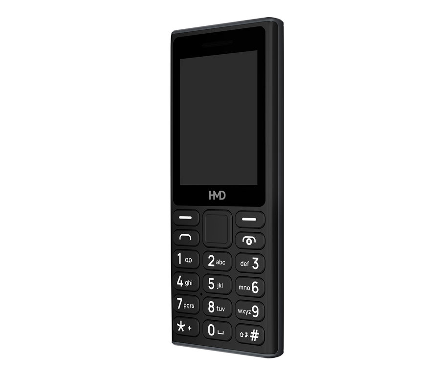 Schwarzes HMD 105 4G Mobiltelefon mit kleinem Bildschirm und Zifferntastatur.