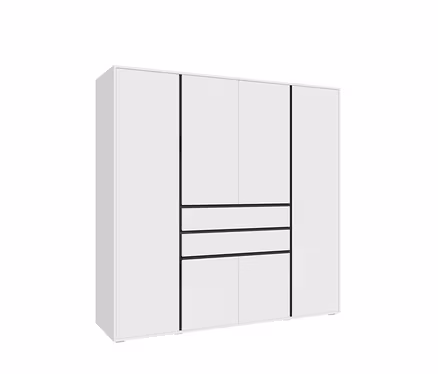Weißer Kleiderschrank mit zwei Einzeltüren an den Seiten und einem Mittelteil mit zwei oberen Türen, drei Schubladen und zwei unteren Türen, alle durch schwarze Linien getrennt.
