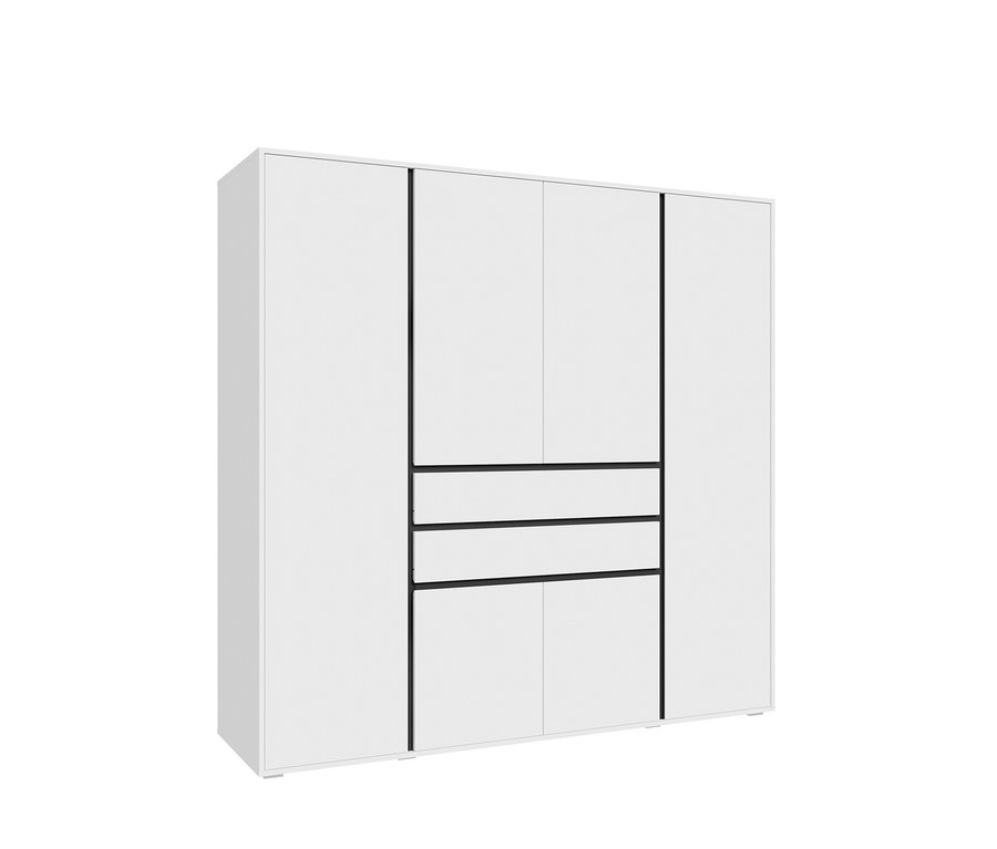 Weißer Kleiderschrank mit zwei Einzeltüren an den Seiten und einem Mittelteil mit zwei oberen Türen, drei Schubladen und zwei unteren Türen, alle durch schwarze Linien getrennt.