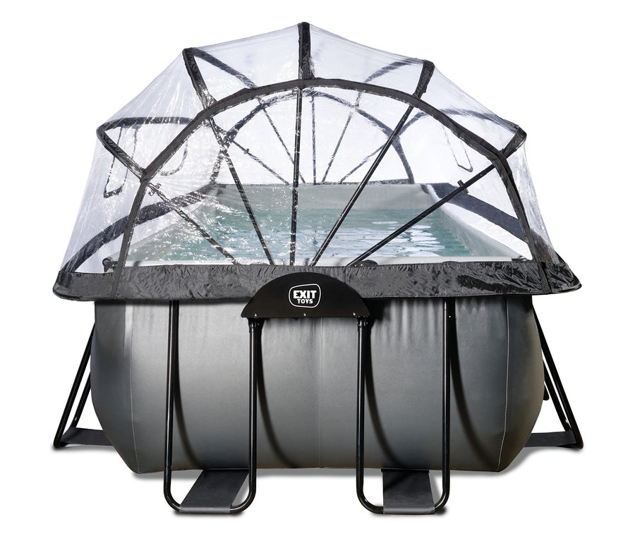 Ein rechteckiges EXIT Pool-Set in Lederoptik, 400 x 200 cm, mit dunkelgrauem Äußeren und einer transparenten, gewölbten Abdeckung über dem Wasser. Der Pool wird von einem schwarzen Metallrahmen gestützt.