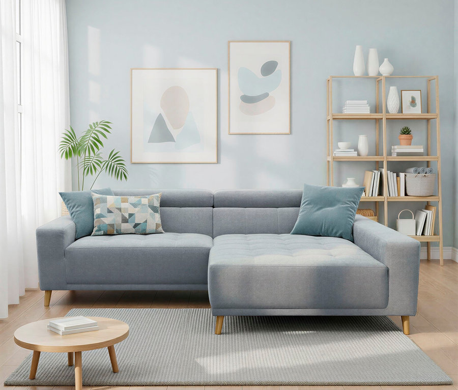 Ein hellblaues Wohnzimmer mit einem L-förmigen Sofa, einem runden Couchtisch auf einem grauen Teppich und einem Holzregal mit Büchern und Vasen. An der Wand hängen zwei abstrakte Bilder.