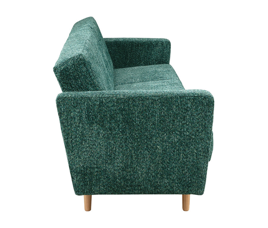 Grünes 3-Sitzer Schlafsofa »Janny« von der Seite, mit strukturierter Oberfläche und hellen Holzfüßen.