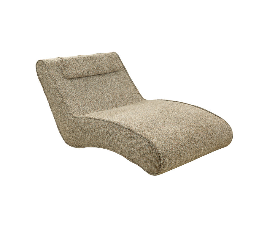 Geschwungene Chaiselongue aus hellbraunem, strukturiertem Stoff mit integrierter Kopfstütze.