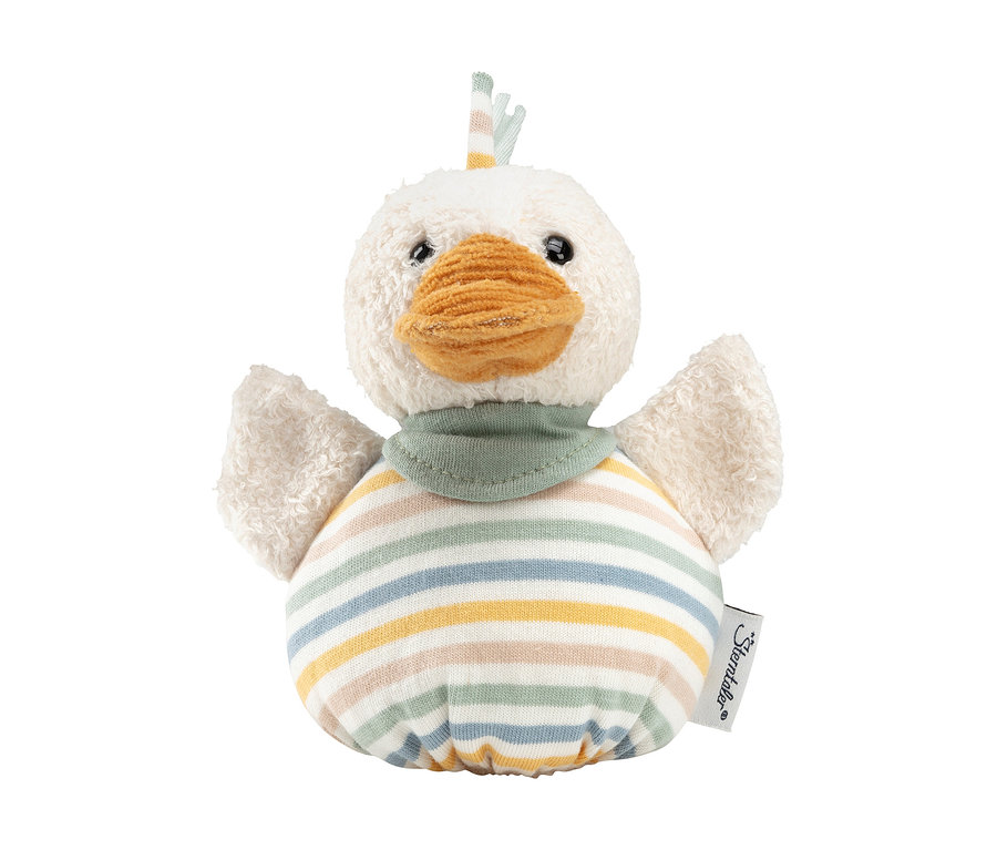 Weißes, flauschiges Enten-Stofftier mit orangefarbenem Schnabel, schwarzen Augen und einem gestreiften Schopf. Es trägt ein hellgrünes Halstuch und hat einen gestreiften Körper in Pastellfarben.
