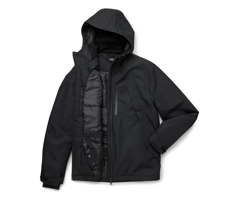 Schwarze Jacke mit Kapuze, teilweise geöffnet, mit gestepptem Innenfutter und vertikaler Brusttasche mit Reißverschluss.