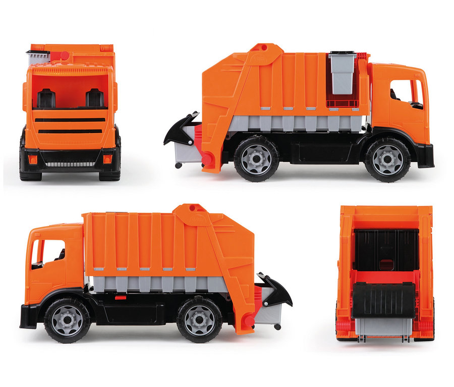 Orange-schwarzer GIGA TRUCKS Müllwagen, aus verschiedenen Perspektiven gezeigt.