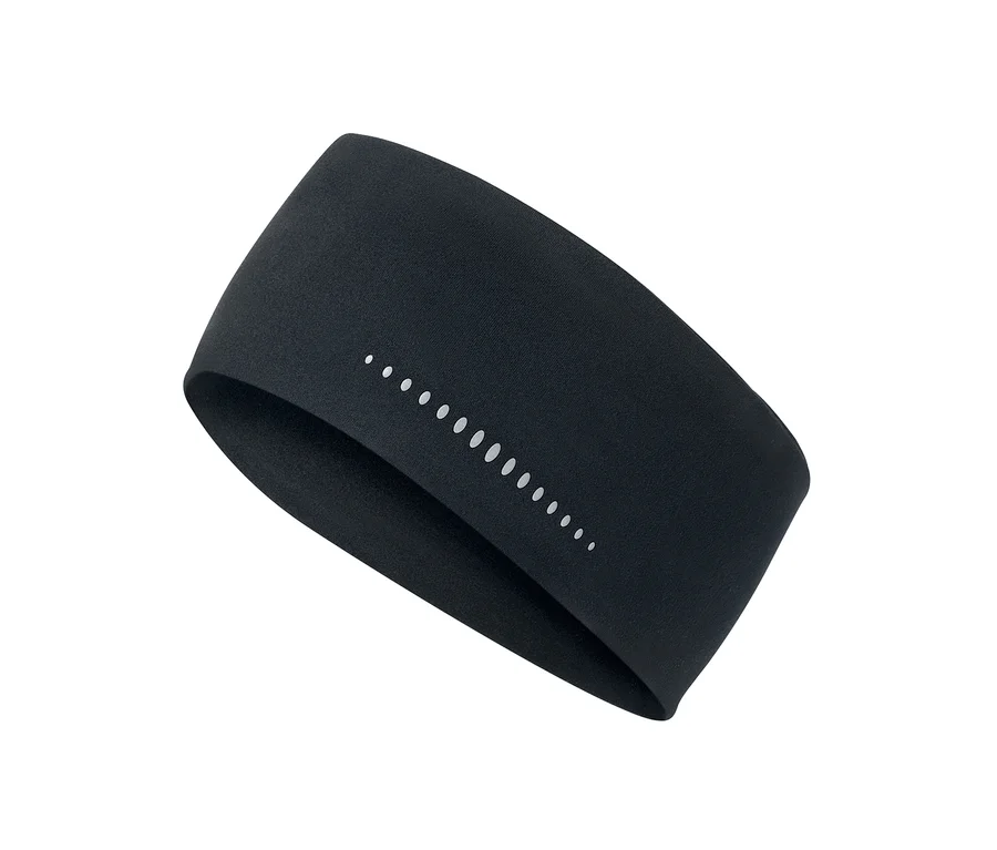 Schwarzes Sportstirnband mit reflektierenden Punkten auf weißem Hintergrund.