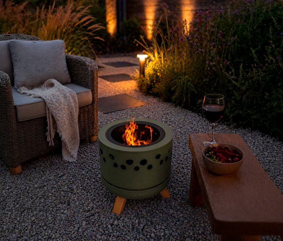 Abendliche Gartenszene mit einem brennenden Feuerkorb in Olivgrün, einem Korbsessel mit Decke und einer Holzbank mit Rotwein und Snacks auf Kiesboden.