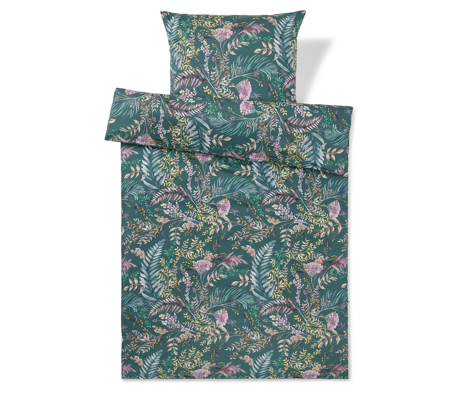 Dunkelgrüne Bettwäsche mit einem Muster aus grünen, rosa und gelben Blättern und Blumen, bestehend aus einem Bettbezug und einem Kissenbezug.