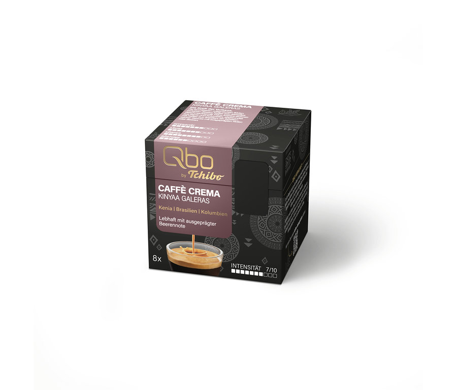 Dunkle Qbo by Tchibo Caffè Crema Kinyaa Galeras Kaffeekapselpackung mit 8 Kapseln, Intensität 7/10, mit Beerennoten.