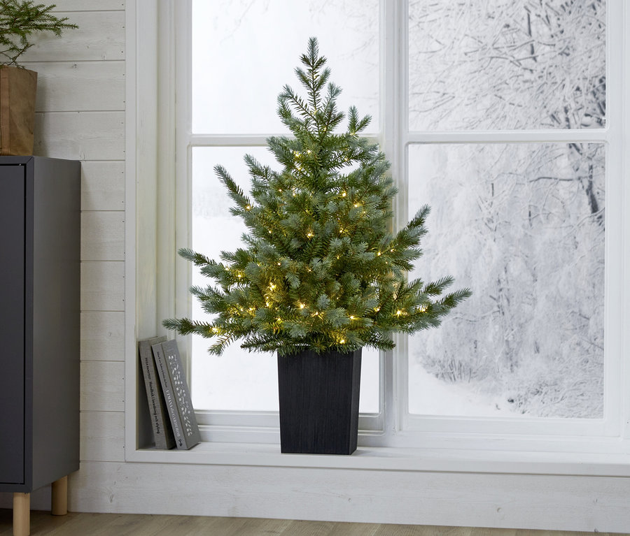 Ein kleiner, beleuchteter Weihnachtsbaum in einem schwarzen Topf steht auf einer weißen Fensterbank. Draußen ist eine verschneite Winterlandschaft zu sehen. Links daneben stehen zwei Bücher und ein grauer Schrank.