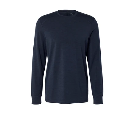 Dunkelblaues Langarmshirt mit Rundhalsausschnitt, gerippten Bündchen und kleinem „ACTIVE“-Etikett am Kragen.