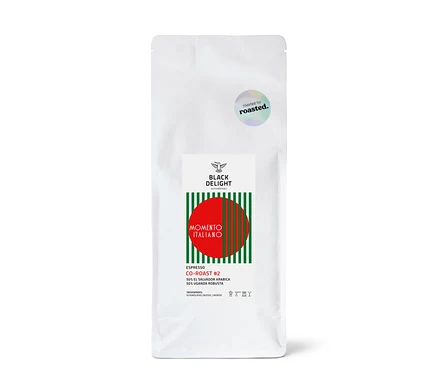 Eine Packung Black Delight x roasted. - Momento Italiano Co-Roast #2 Espresso - 500 g ganze Bohne.