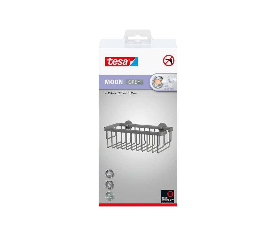 Weiße Produktverpackung mit einem grauen tesa® MOON Duschkorb aus mattem Metall, 250x92x125mm.