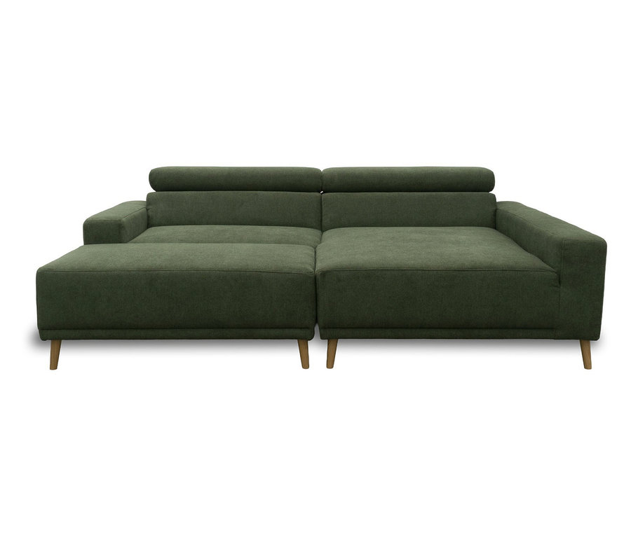 Dunkelgrünes DOMO Eck-Schlafsofa Malmö mit Longchair links und holzfarbenen Beinen.