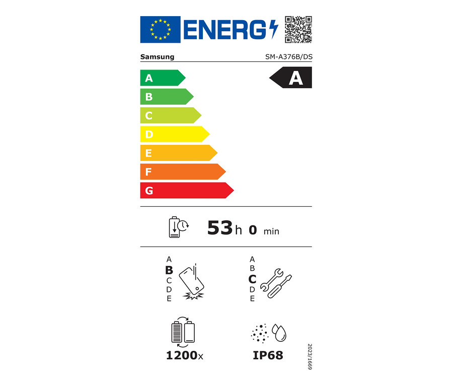 Energielabel für das Samsung Galaxy A37 5G, zeigt Energieeffizienzklasse A, 53 Stunden Akkulaufzeit, Haltbarkeitsklasse A, Reparierbarkeitsklasse C, 1200 Ladezyklen und IP68 Wasserschutz.
