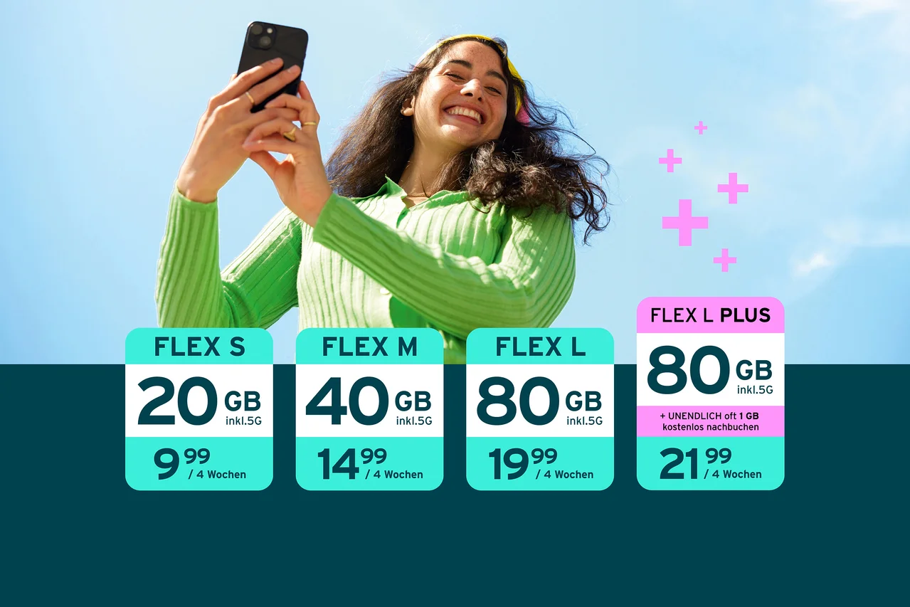 Eine junge Frau lächelt und macht ein Selfie mit einem schwarzen Smartphone vor blauem Himmel. Darunter sind vier Datenpakete abgebildet: Flex S (20 GB, 9,99 / 4 Wochen), Flex M (40 GB, 14,99 / 4 Wochen), Flex L (80 GB, 19,99 / 4 Wochen) und Flex L Plus (80 GB + unendlich oft 1 GB kostenlos nachbuchen, 21,99 / 4 Wochen). Alle Pakete beinhalten 5G.