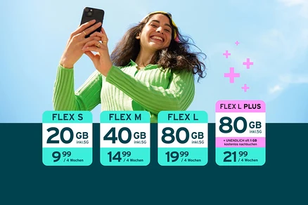 Eine junge Frau lächelt und macht ein Selfie mit einem schwarzen Smartphone vor blauem Himmel. Darunter sind vier Datenpakete abgebildet: Flex S (20 GB, 9,99 / 4 Wochen), Flex M (40 GB, 14,99 / 4 Wochen), Flex L (80 GB, 19,99 / 4 Wochen) und Flex L Plus (80 GB + unendlich oft 1 GB kostenlos nachbuchen, 21,99 / 4 Wochen). Alle Pakete beinhalten 5G.