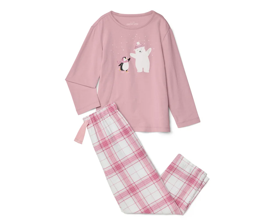 Rosa Kinder-Pyjama-Set mit einem langärmeligen rosa Oberteil mit Eisbär- und Pinguin-Motiv und einer rosa-weiß karierten Hose.